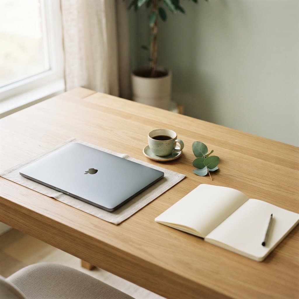 A calm, sunlit desk with a laptop, coffee, and a plant